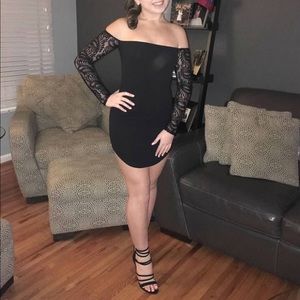 Black lace sleeve off the shoulder mini dress